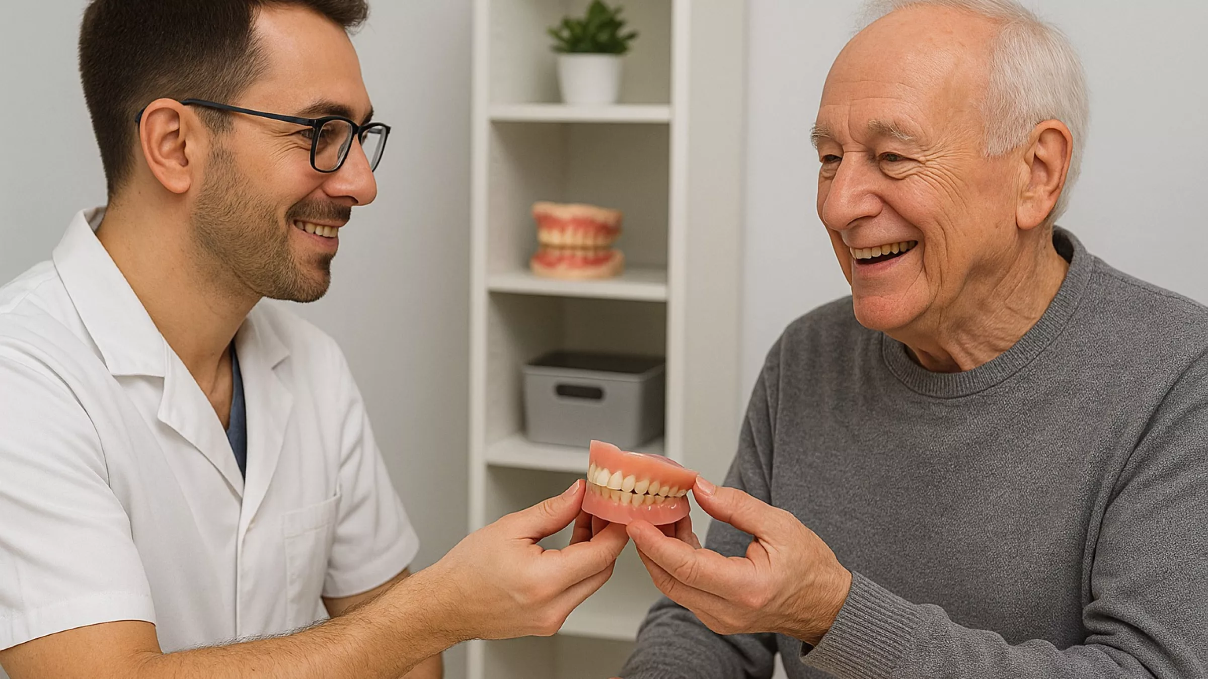Technicien qui rend la prothèse à un patient